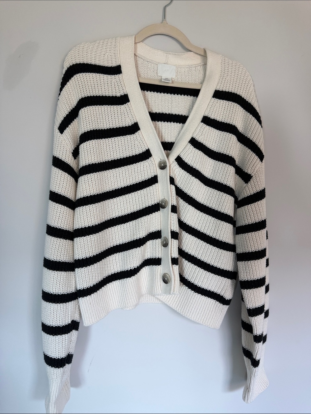 H&M Black & Cream Striped V-Neck Button Cardigan size M